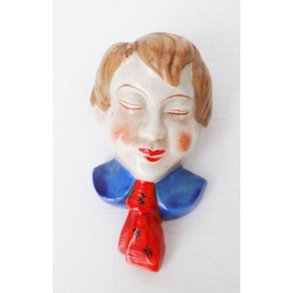 Vintage Ceramic Wall Pocket Planters Boy & Girl Faces Hand-Painted Made In Japan - Picture 3 of 7